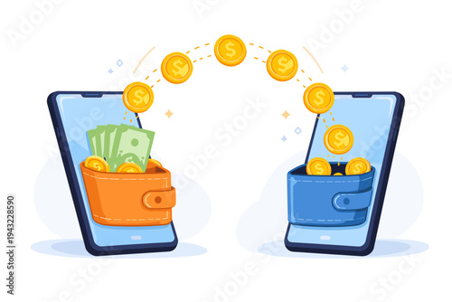Vector illustration of money being transferred from one digital wallet to another via smartphone app. Gold coins flying between mobile phones representing secure online banking and fintech services.