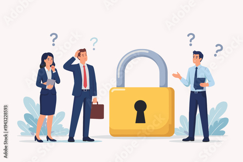 Confused Businesspeople Standing Near Giant Padlock Thinking of Solution to Security Problem or Data Access Challenge, Flat Vector Illustration of Team Puzzled by Locked Gate or Information Flow