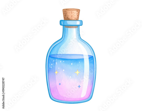 Watercolor illustration of a magic potion bottle with glowing blue and pink liquid