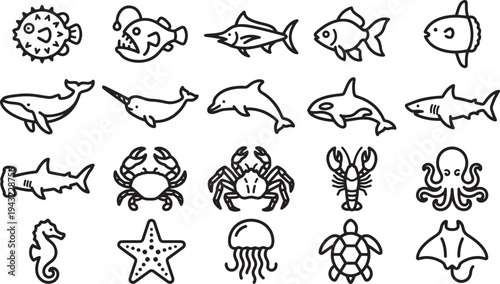 A collection of line art illustrations of diverse marine animals, capturing the essence of underwater life.