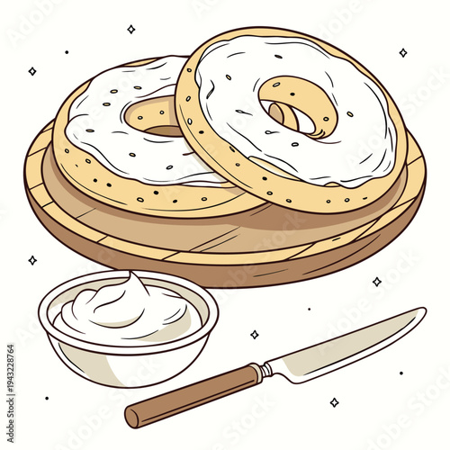 Vector illustration of fresh bagels with cream cheese on wooden board - breakfast bakery food illustration