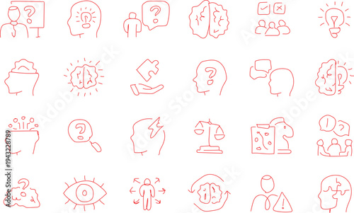 collection of 25 minimal red line icons illustrating psychology, mental health, cognition, therapy, emotions, decision making, teamwork, and abstract concepts for education, ui, and infographics