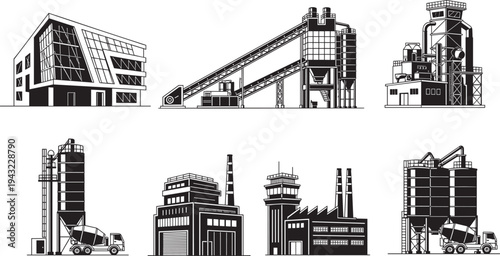 Vector illustration set of industrial factory buildings, concrete plants, storage silos, mixer trucks, and modern office architecture icons on white background, isolated.