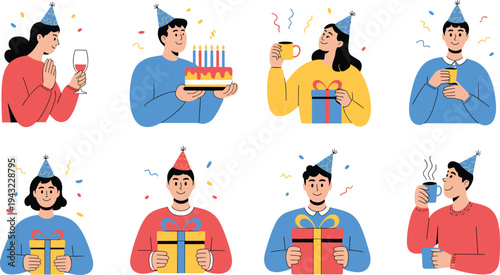 WebBirthday party illustration, people celebrating, festive hats, cake, gifts, drinks, confetti, streamers, joyful atmosphere, vector design, colorful, isolated