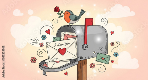 Whimsical mailbox with love letters and bird on post with hearts and flowers in soft pastel background