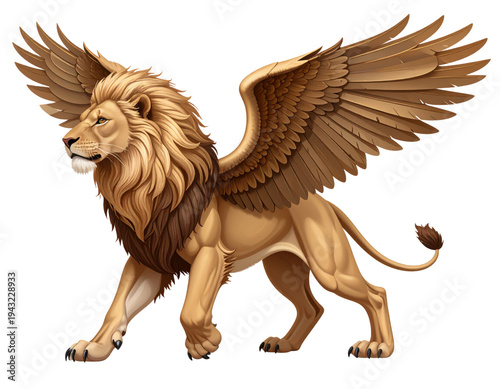 Majestic illustration of a golden winged lion walking forward