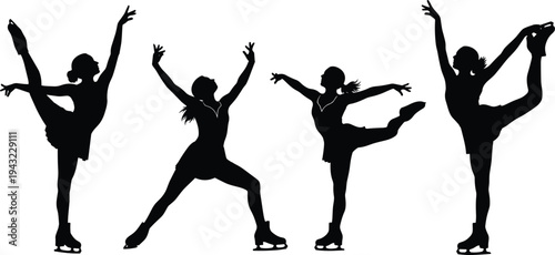 Figure skating silhouettes collection ice skater performing jumps and spins winter sport vector illustration set