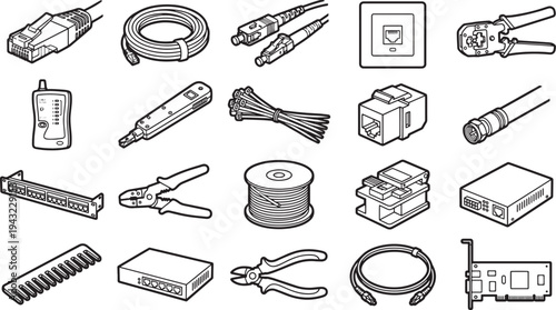 Outline illustration of networking tools and equipment set against, presenting essential resources for network setup and maintenance.