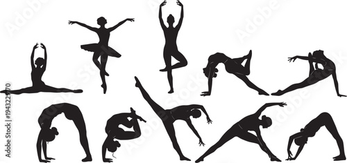 Yoga and ballet dancer silhouettes collection, flexible women fitness poses set, stretching gymnastic movements black shapes isolated vector illustration for sport and wellness design