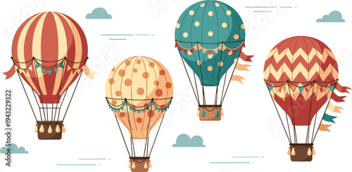 Vintage hot air balloons with striped zigzag and polka dot patterns floating in sky whimsical travel adventure vector illustration