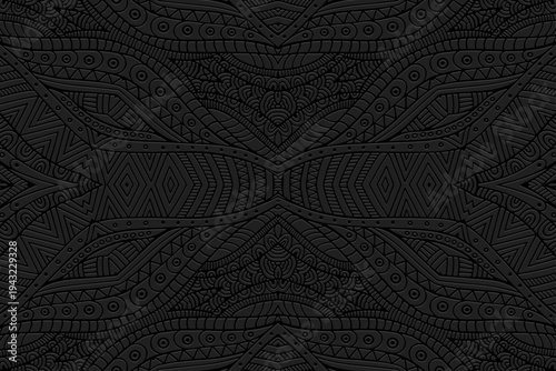 Tribal black background, banner, cover design, exotic mural. Geometric embossed original pattern. Ornamental motifs of the East, Asia, India, Mexico, Aztec, Peru. Ethnic traditions.