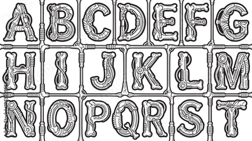 A meticulously crafted alphabet, each letter rendered in a unique and intricate style that evokes elements of a fantastical realm.