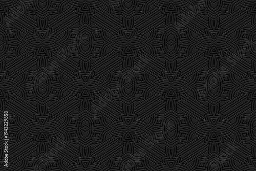 Tribal black background, banner, cover design, exotic mural. Geometric embossed pattern. Ornamental motifs of the East, Asia, India, Mexico, Aztec, Peru. Ethnic traditions.
