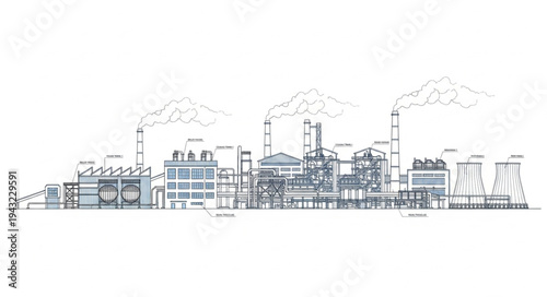 Industrial Factory with Smokestacks and Buildings.