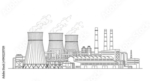 Industrial Factory with Smokestacks and Equipment.