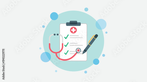 Health record concept with a clipboard, stethoscope, and pen for medical documentation and care