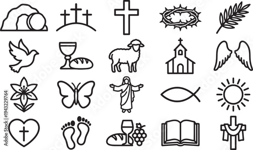 A collection of iconic religious symbols representing faith and spirituality.