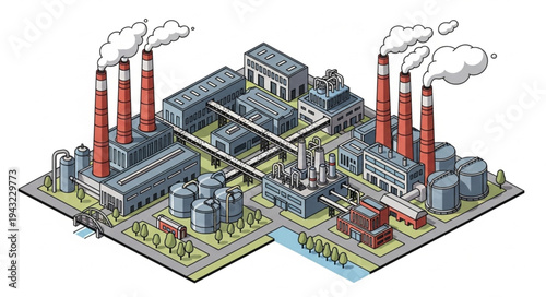 Industrial Factory with Smokestacks and Chimneys.