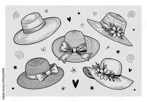 A Collection of Five Hand-Drawn Summer Hats with Decorative