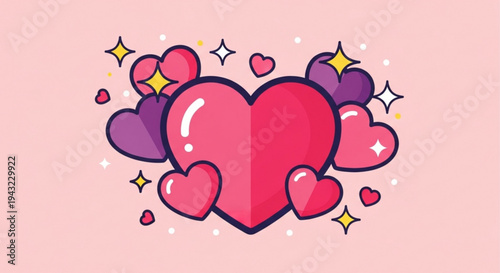 Colorful hearts with sparkles on pink background for love and valentine's day concepts