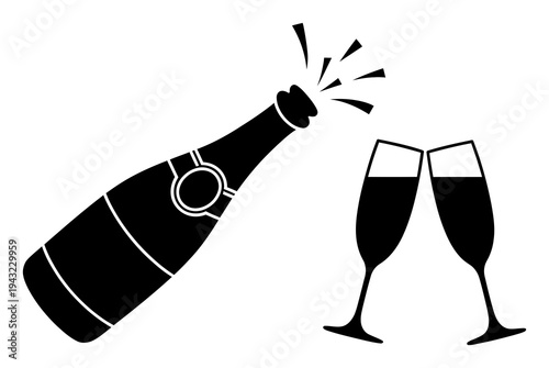 Black and white of champagne bottle pouring into two clinking glasses