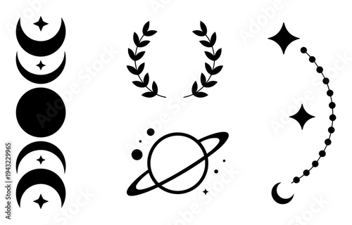 Celestial and Botanical Moon Phases, Laurel Wreath, Planet, and Stars