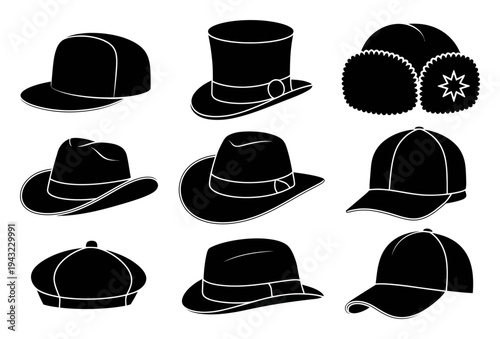 Collection of Black Silhouette Hats: Caps, Fedoras, Hat, and More