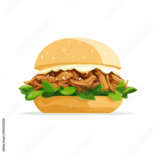 Simple flat 2D vector graphic of Pulled Pork Sandwich, modern icon look, displayed on a pure white background.
