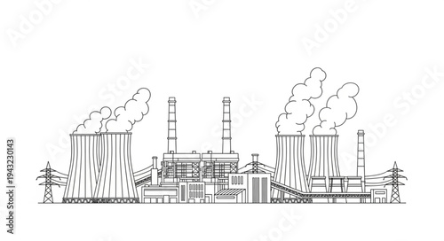 Industrial Factory with Smokestacks Emitting Smoke.