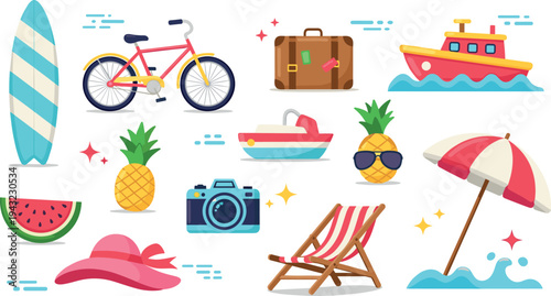 Summer beach vacation icons with surfboard bicycle suitcase boat pineapple camera deck chair umbrella vector illustration set