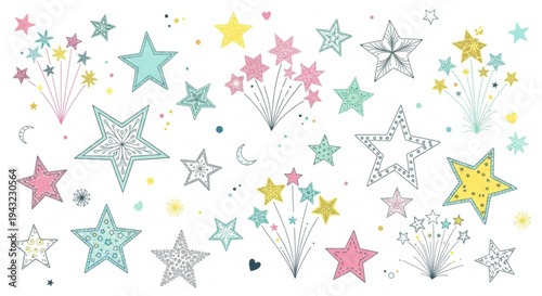 Colorful star shaped confetti and fireworks on white background for celebration and party decoration