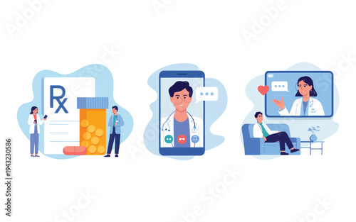 Healthcare professionals manage prescriptions with pills while a patient connects with doctors remotely