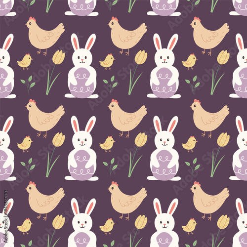 Easter pattern vector flat hand drawn style seamless background bunny hen and tulip ornament holiday textile and wrapping paper design