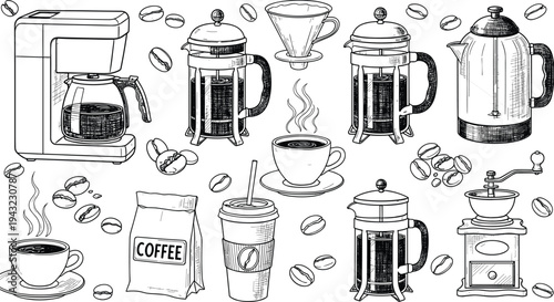 Coffee equipment collection set, coffee maker, french press, kettle, grinder, cup and beans, hand drawn cafe beverage vector illustration