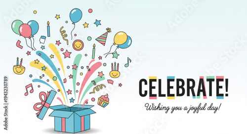 Vibrant celebration scene with gift box balloons confetti and joyful symbols on white background