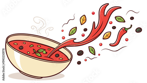 Vector illustration of hot spicy soup bowl with chili, basil, and splashing ingredients - food illustration