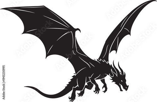 Dragon Flying Silhouette Icon Vector Mythical Creature Winged Beast Dragons Flight Logo Symbol Sign Illustration Legendary Serpent Fire Guardian Majestic Epic Emblem
