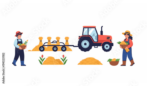 Farm harvesting illustration with tractor hay collection and children farmers working in field