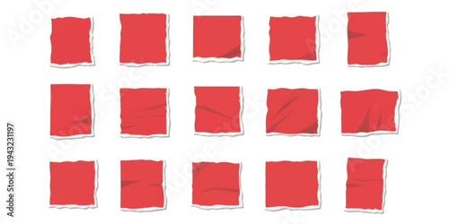 Collection of realistic red ripped paper squares with torn edges and crumpled texture vector illustration for notes and banners