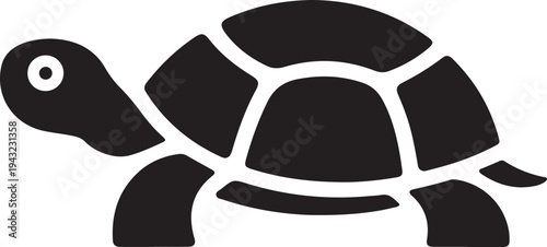 Minimalist black and white of a stylized turtle with a segmented shell and simple eye