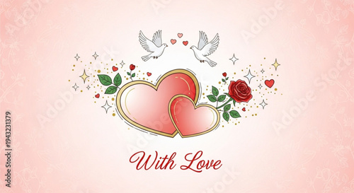 Intertwined hearts with doves roses and sparkles on pink background symbolizing love and affection