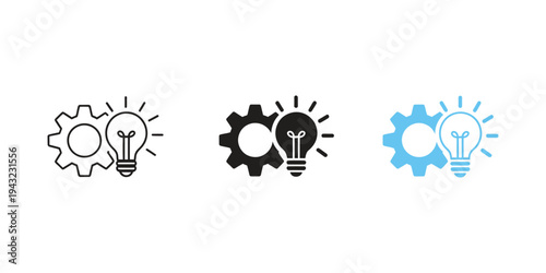 Simple line icon showing gear and light bulb together, symbolizing innovative ideas, creative engineering solutions, technology-driven concepts and smart business automation.