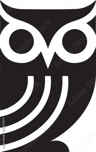 Minimalist black and white owl with large eyes and curved beak