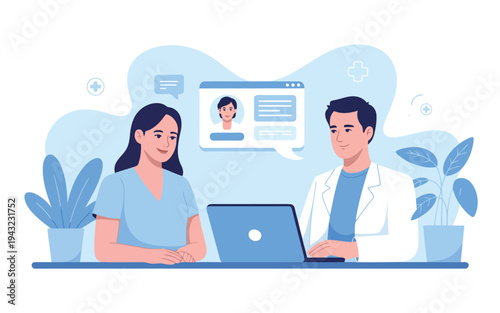 Male doctor and female patient having a telehealth consultation on a laptop with a video call