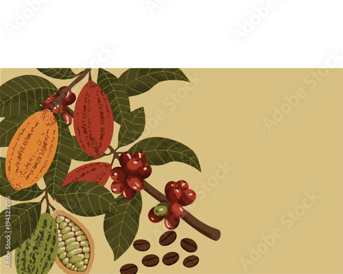 An artful illustration featuring ripe cocoa pods and fresh coffee berries on their branches