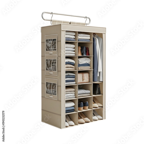Modern beige wardrobe organizer system with hanging rod and storage cubbies for clothes and accessories on transparent background. on transparent background