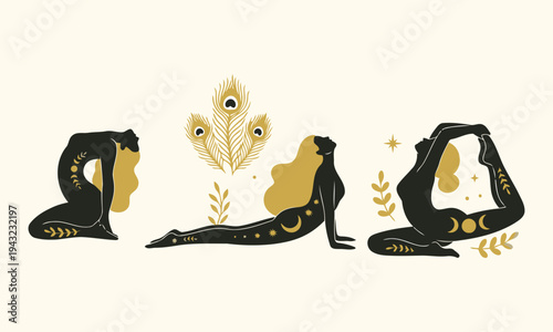 Stylized women gracefully practice yoga poses with celestial and botanical motifs in a harmonious illustration