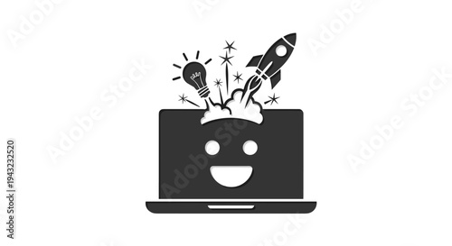 Laptop With Happy Face Lightbulb and Rocket Launching Out