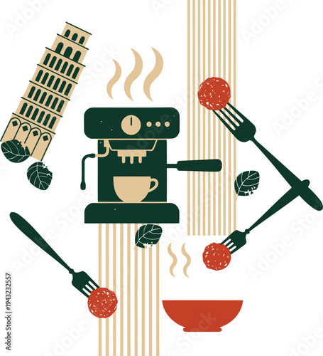 A delightful flat lay composition capturing essential Italian culinary culture and famous landmarks