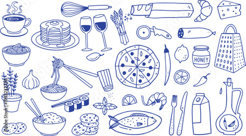 A delightful collection of hand drawn kitchen tools and delicious food items for cooking and dining experiences